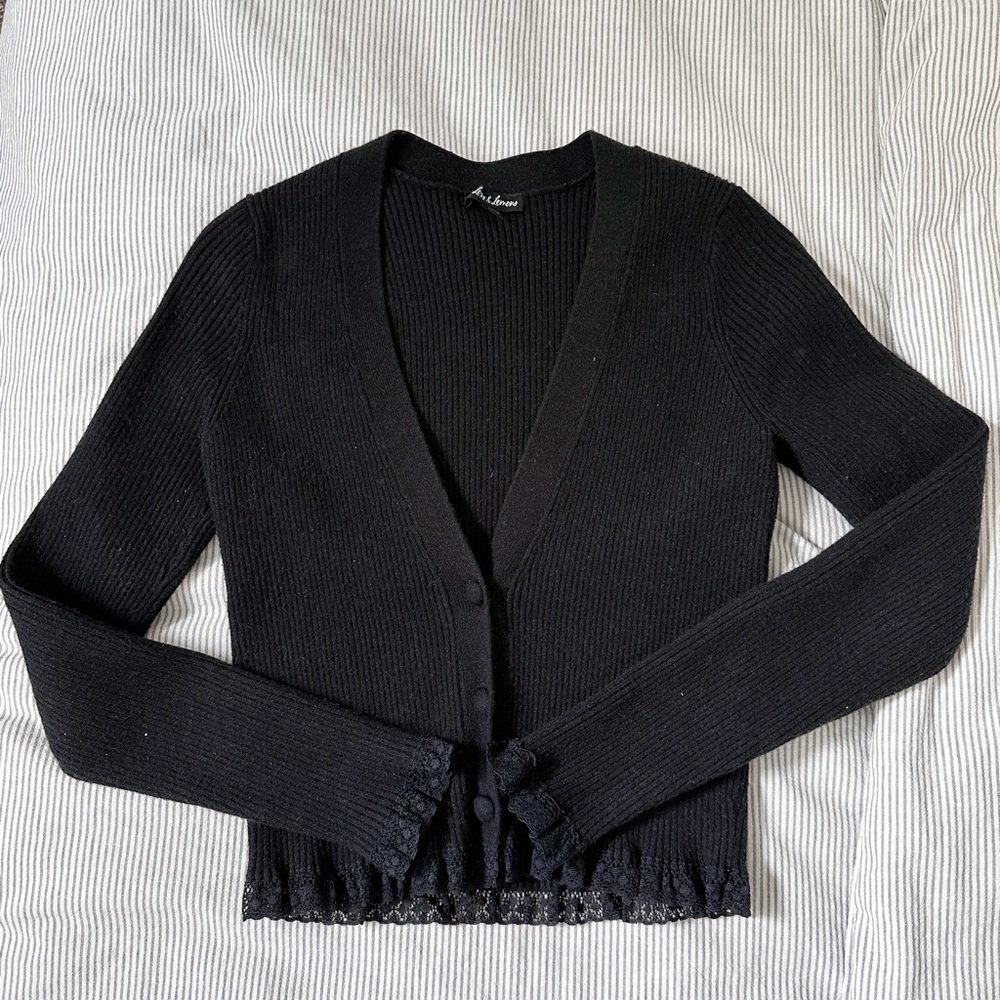 For Love And Lemons Black Cardigan Sweater with Ruffled Hem